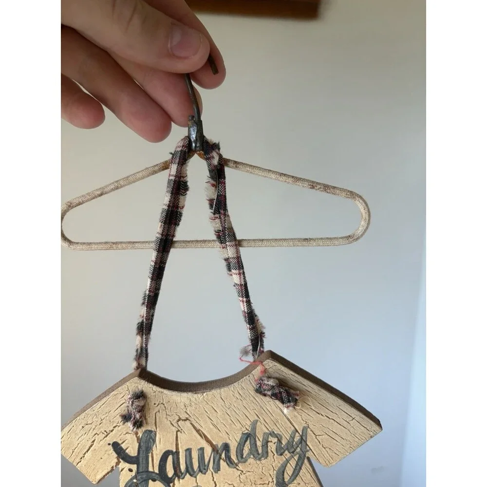 Rustic Wood T-Shirt Shape Laundry Room Text Hanging Sign w/ Metal Hanger